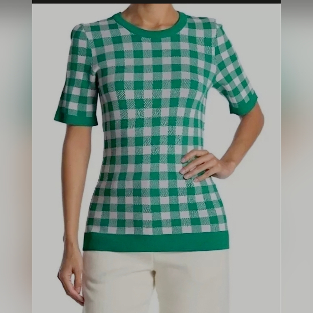 Ronny Kobo Plaid Check Short Sleeve Knit Top